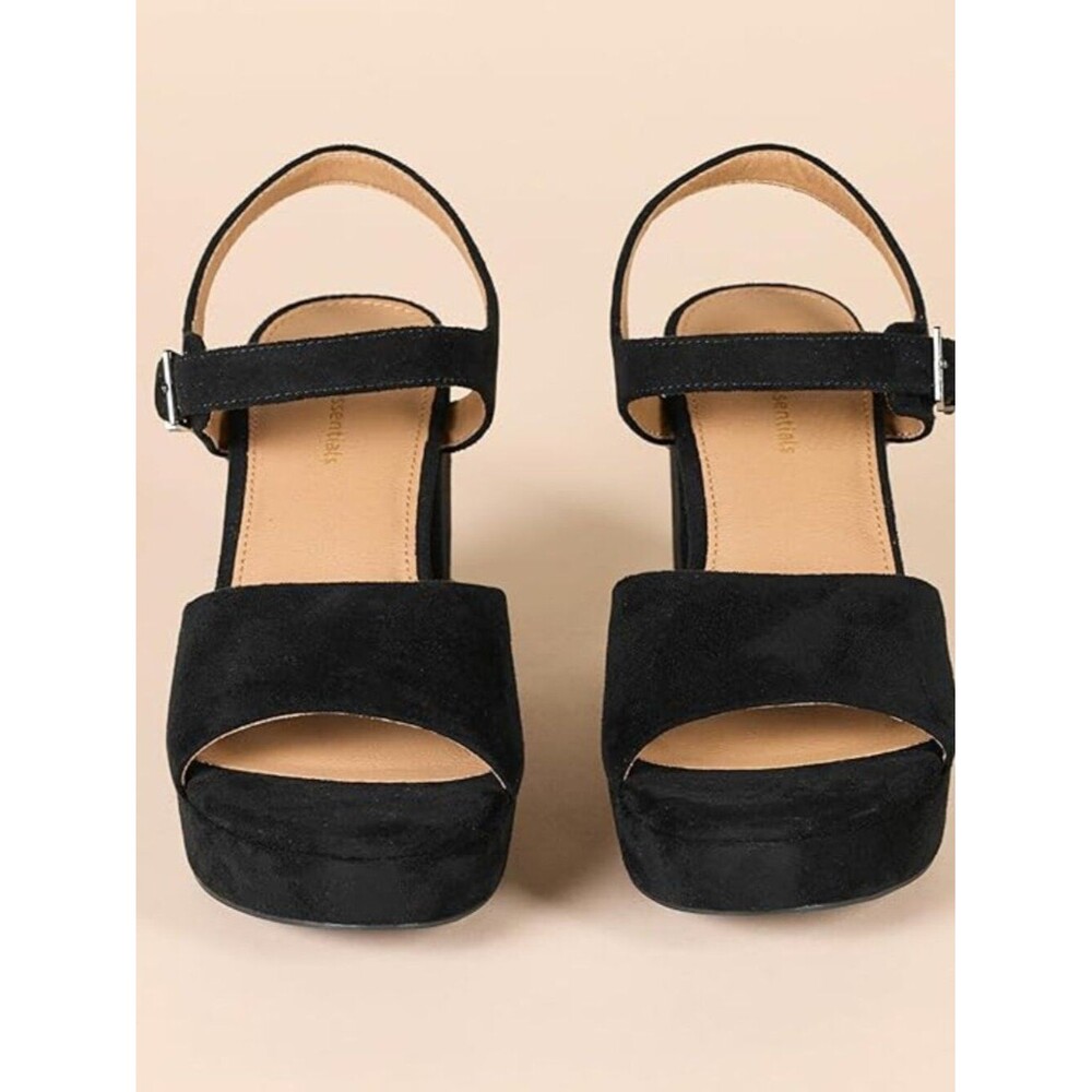 Chunky Platform Block Heel Sandals Black Faux Suede Trendy Dress Shoes